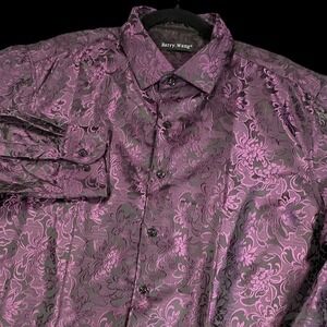 Barry Wang Button Up Shirt Mens XL Purple Floral Paisley Jacquard Silk Blend